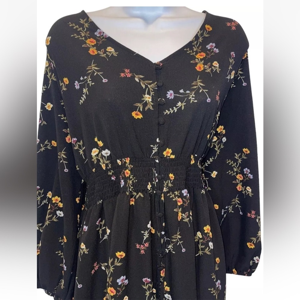 Always Indigo Floral Boho Dress 2X Black Smocked Waist Button Front Fall Midi - Picture 6 of 9
